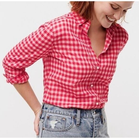 J Crew Factory Stretch Poplin Gingham Button-Up Shirt Signature Fit Pink Red M - Picture 1 of 8